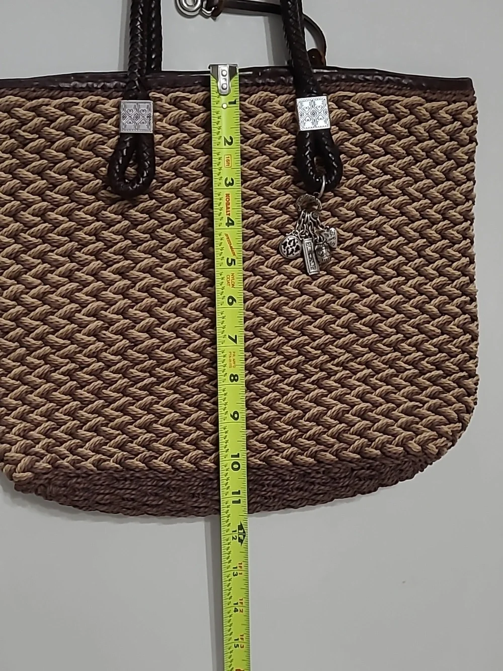 Brighton Tan Woven Tote, Dark Brown Trim, Silver Charm & Leather Braided Handles